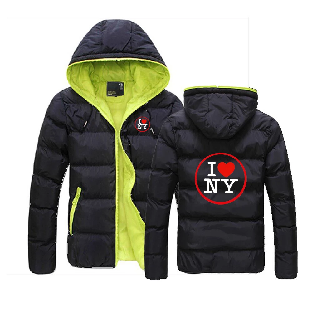 

I love New York Logo Print 2025 Мужское зимнее новое простое однотонное повседневное пальто на молнии с капюшоном ветрозащитный морозостойкий пуховик
