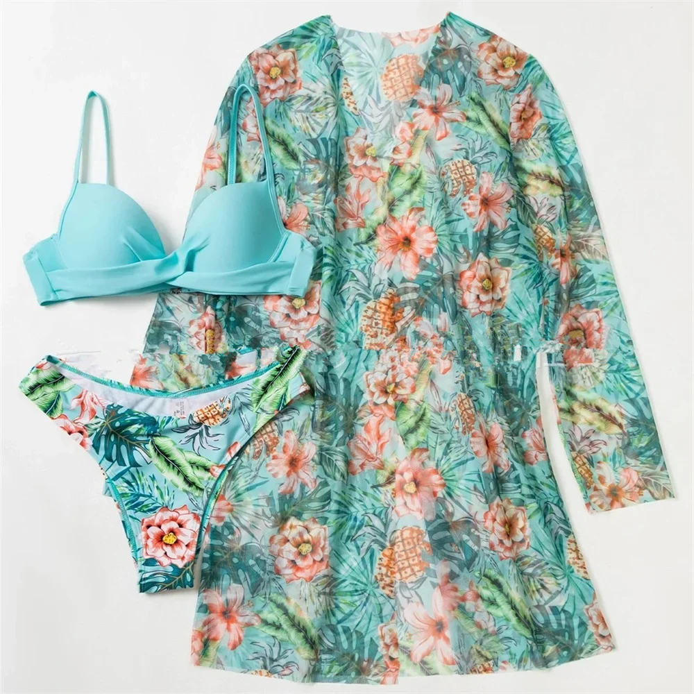 Bloemenprint Bikini Badpak Strand Cover-Up Vakantie Badmode Push Up Badpak Dames Trend 3-delige Outfit Biquinis Feminnino