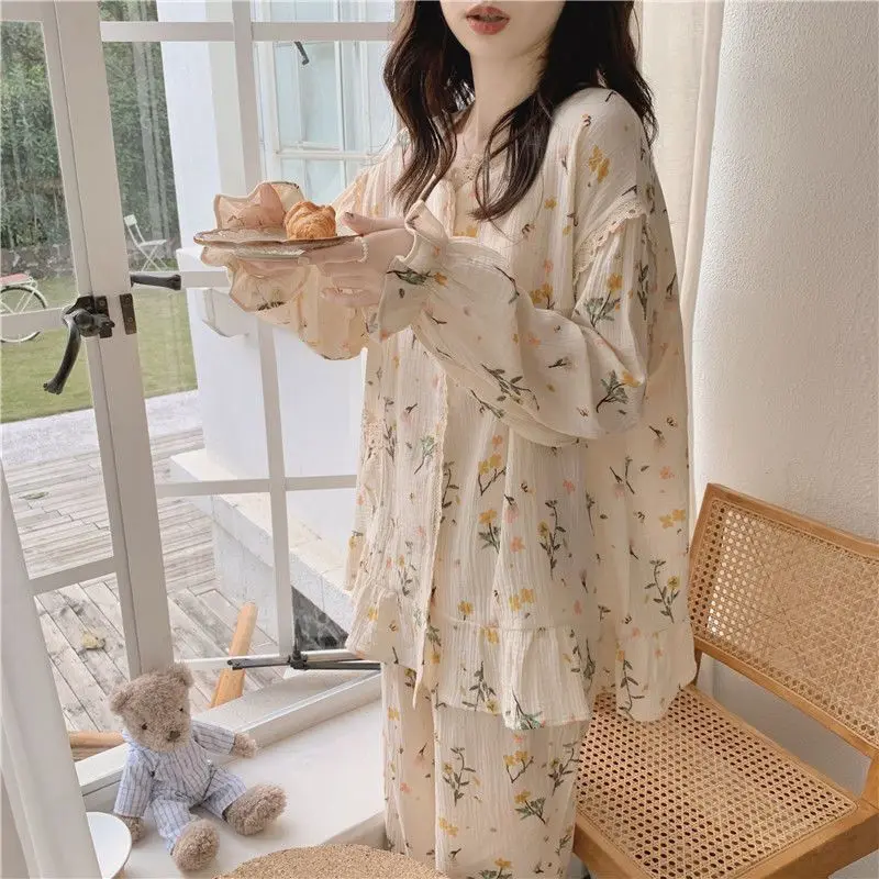 Floral Sleepwear Women Pajama Sets Korean Piiama Ruffles Night Wears Autumn Pants Sets 2 Pieces Lace Long Sleeve Home Suit New