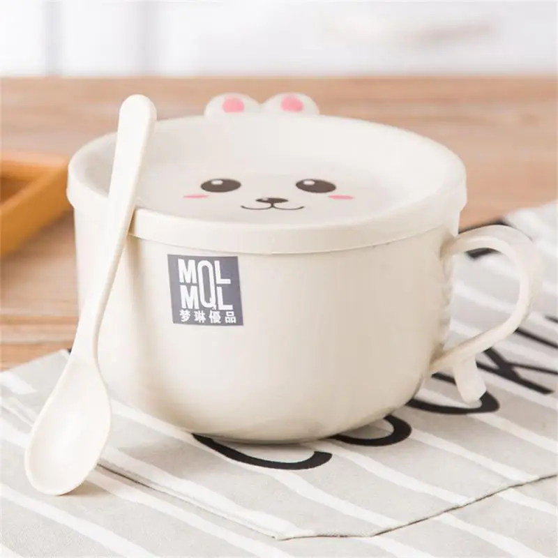 Stainless Steel Double-layer Ramen Noodles Bowl Anti-scalding Instant Noodle Bowl Cute Bunny With Lid And Spoon Tableware