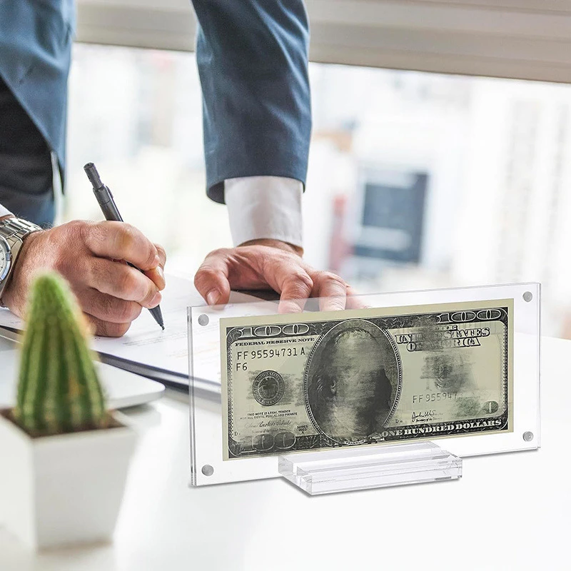 Sturdy Clear Acrylic Dollar Bill Commemorative Coin Picture Frame Holder with Base for Home Desk Display Collectible Showcase