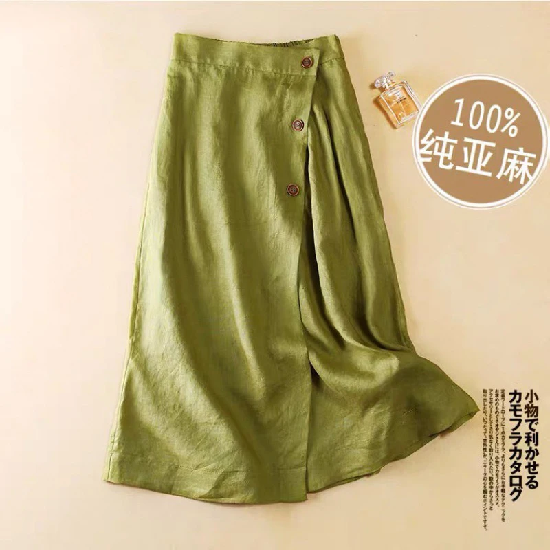 Falda Midi de lino a la moda para mujer, falda elegante de Color puro con botones de cintura alta, falda dividida de calle para verano, 2023