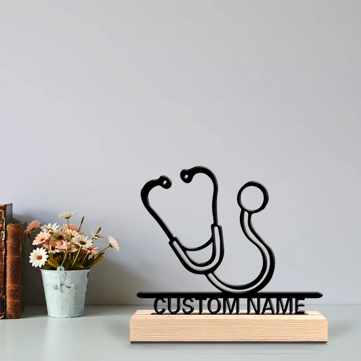 1pc Creative stethoscope Customizable Letter Metal Statue Iron Ornament Handicraft With Wood Base Metal Ornament Office Desk