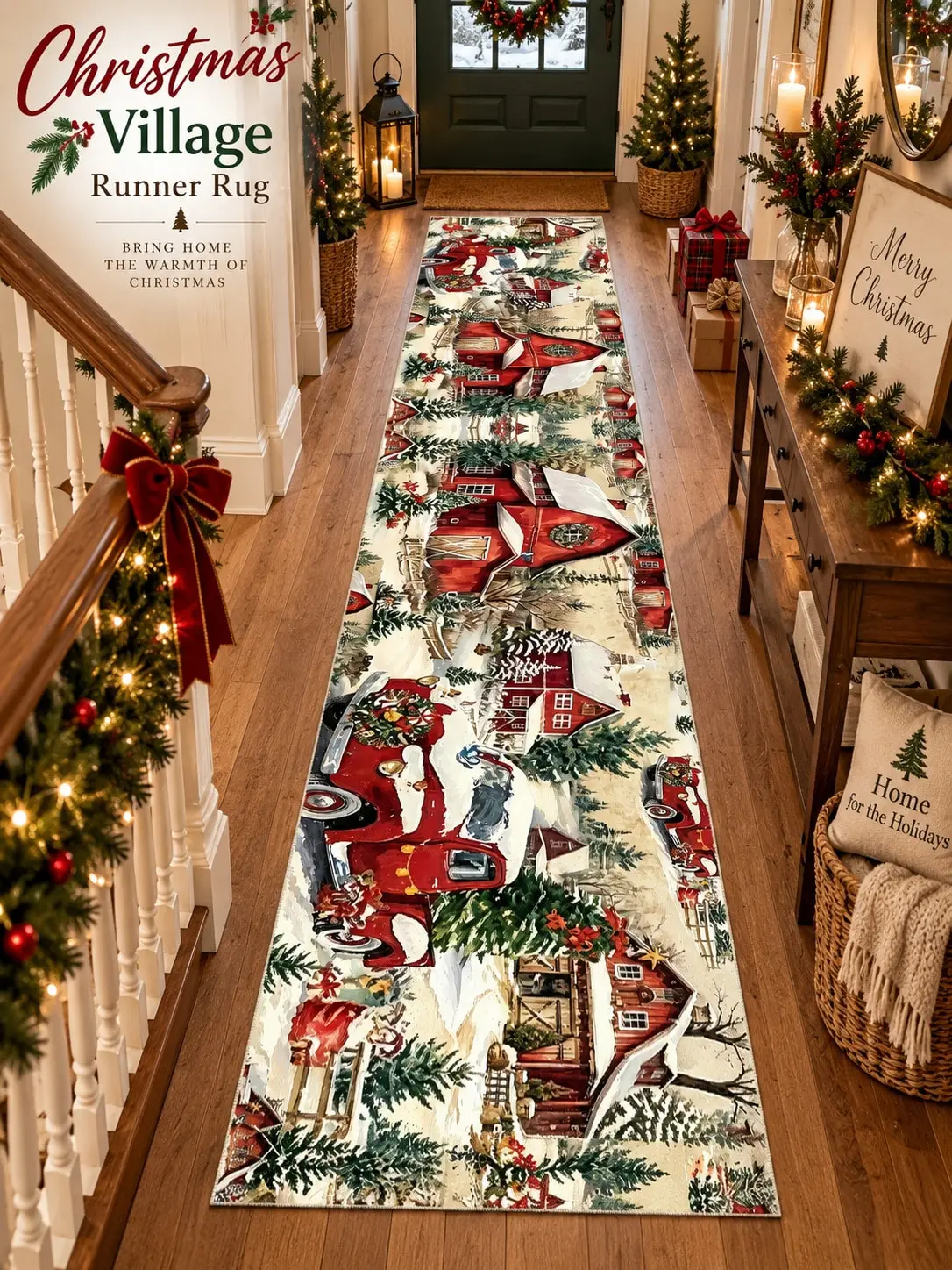 Christmas Aisle Runners Village Houses Truck Pine Trees Runner Rugs Long Carpet for Hallway Entryway Kitchen Bedroom Living Room Farmhouse Foyer Floor Mat Winter Holiday Home Decor Birthday Anniversary Housewarming Gifts To Family and Friends