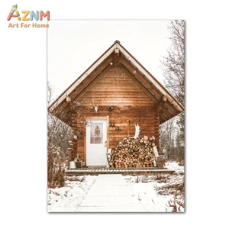 AZNM Winter Forest Animal Cabin Canvas Wall Art Bear Fox Deer Frosty Leaves Home Love Text Nordic Farmhouse Living Room Unframed