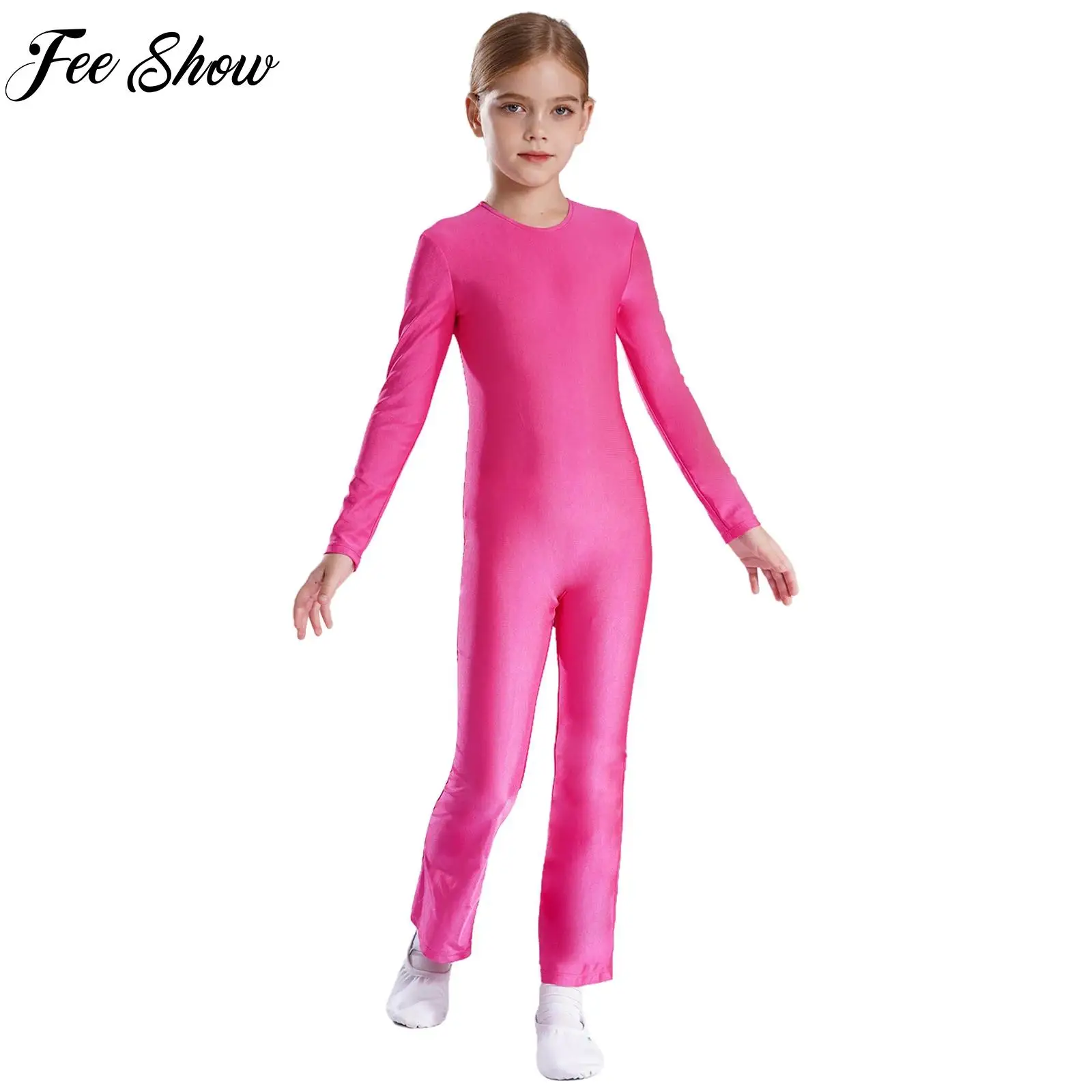 Girls Ballet Dance Gymnastics Yoga Leotard Long Sleeve Sheer Mesh Jumpsuit for Figure Skating Acrobatics Stage Performance