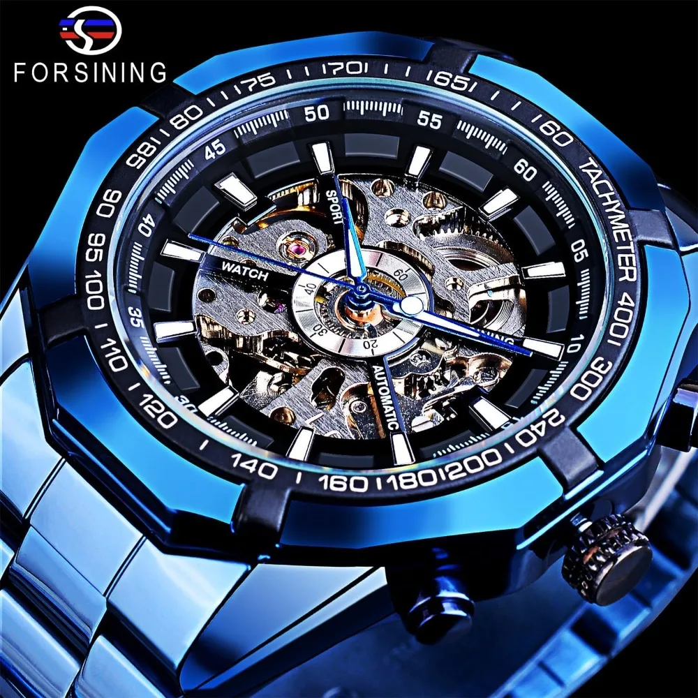 Men's Mechanical Watch Skeleton Self-Wind Blue Black Stainless Steel Band Waterproof Automatic Luxury