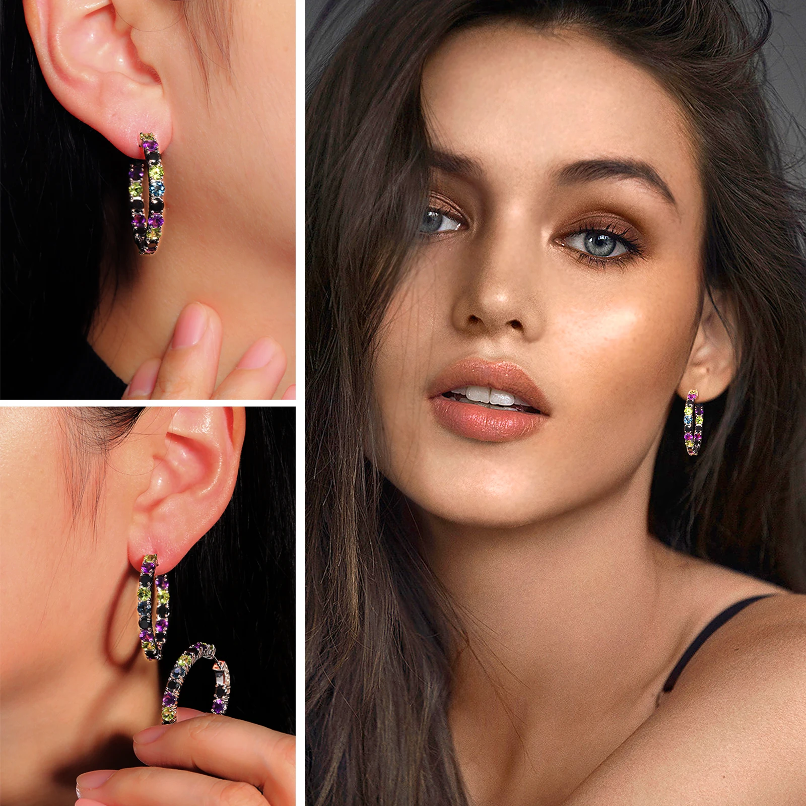 GZ ZONGFA New Fashion Natural Blue Topaz Amethyst Multi Gemstone Custom Jewelry 925 Sterling Silver Large Hoop Earrings Women