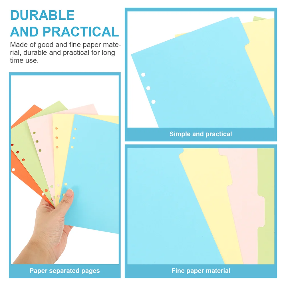 10 Pcs Colored Pages Divider for Binder A5 Tab Dividers Tabs Label Accessory 6 Ring Paper