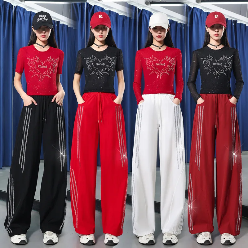 春夏薄手スクエアダンスラインストーンワイドレッグパンツカジュアルルーズファッションスポーツパンツスリムハイウエストスポーツパンツ