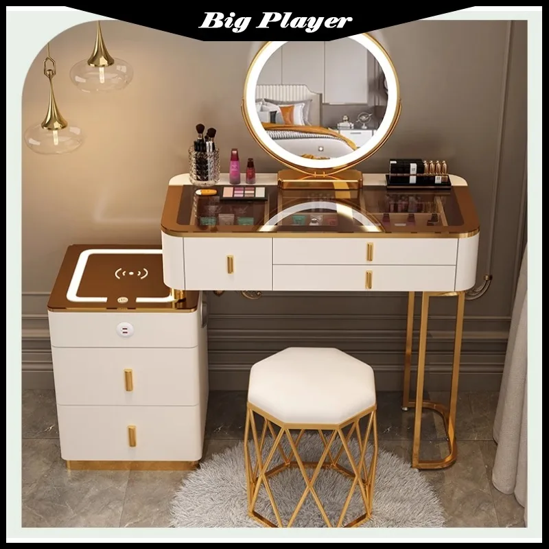 Intelligent Dressing Table Tea Colored Tempered Glass Multifunctional Princess Dressing Table Modern and Simple