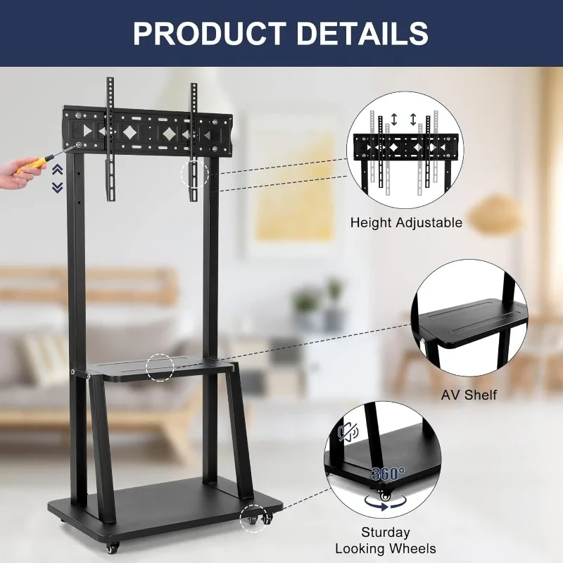 Rolling TV Stand with Wheels for 32-75 Inch Heavy-Duty Mobile TV Cart LCD LED OLED Flat Panel Screens Smartboard Holds up to