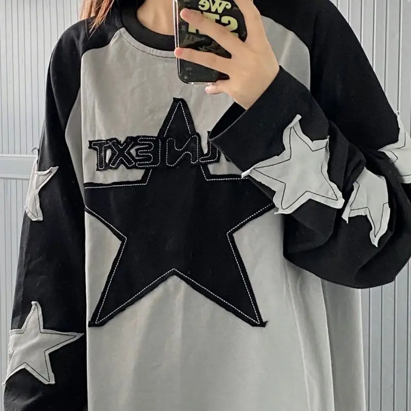 Imagem -02 - Camisola Kpop Harajuku Cinza Estrela Y2k Hippie Grunge Patchwork Letter Hoodie Coreana Oversize Camiseta de Manga Comprida Feminina Outono