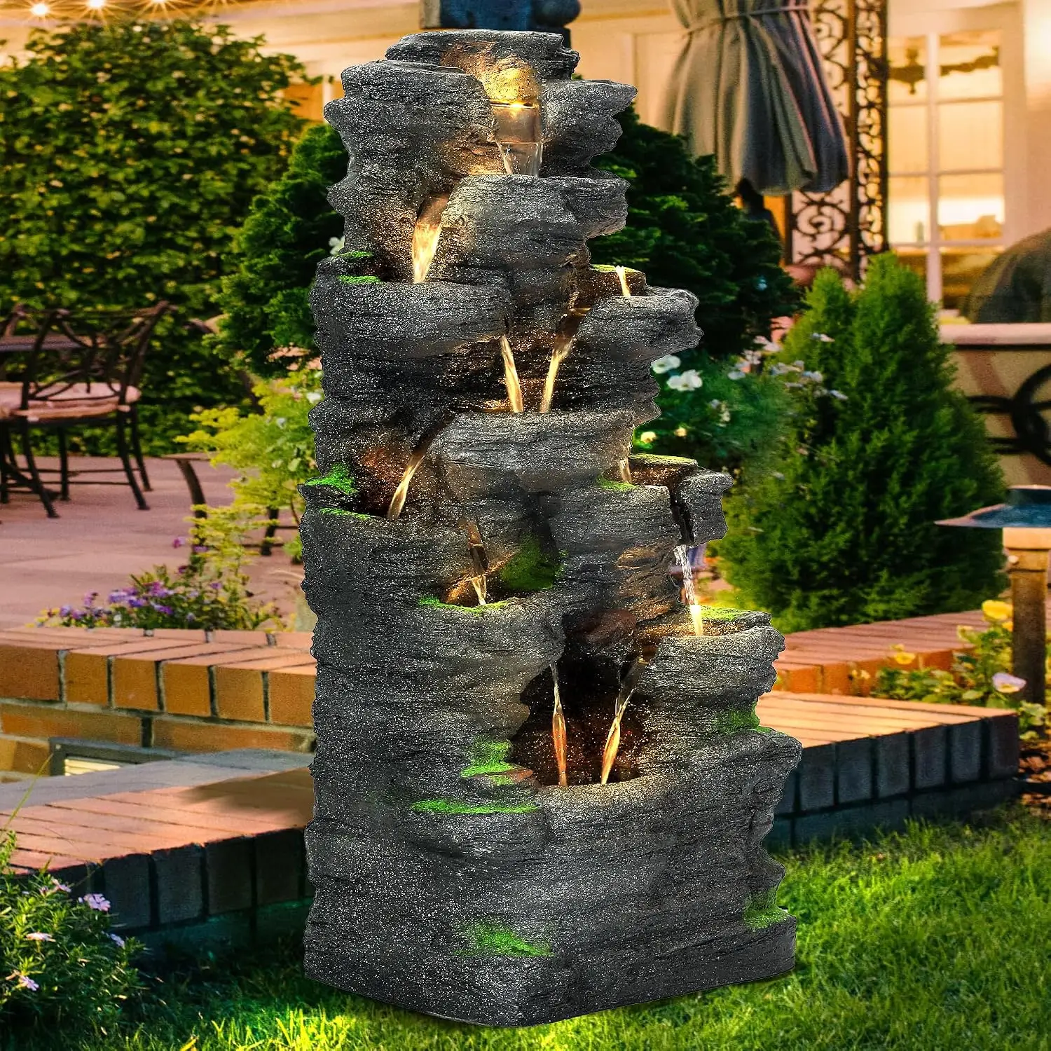 10-Tier Cascading Rock Water Fountain Natural Stone Look Indoor Outdoor Garden Patio Decor, Customized