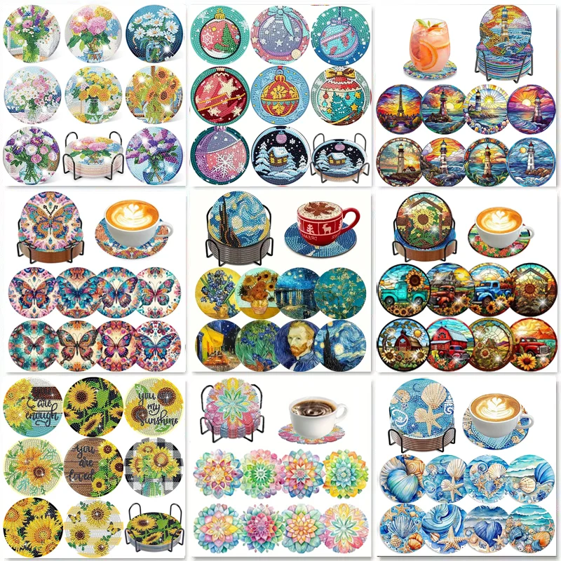 8-Piece Set of Diamond Painting Coasters (With Holder), DIY Bouquet Pattern Diamond Painting Coasters, Suitable for Adults to Us