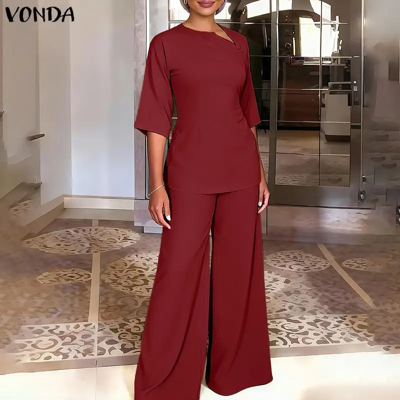

Plus Size 5XL VONDA Women Elegant Pant Sets Summer Casual 2PCS 3/4 Sleeve Solid Tops and Long Pants Fashion Streetwear Outfits
