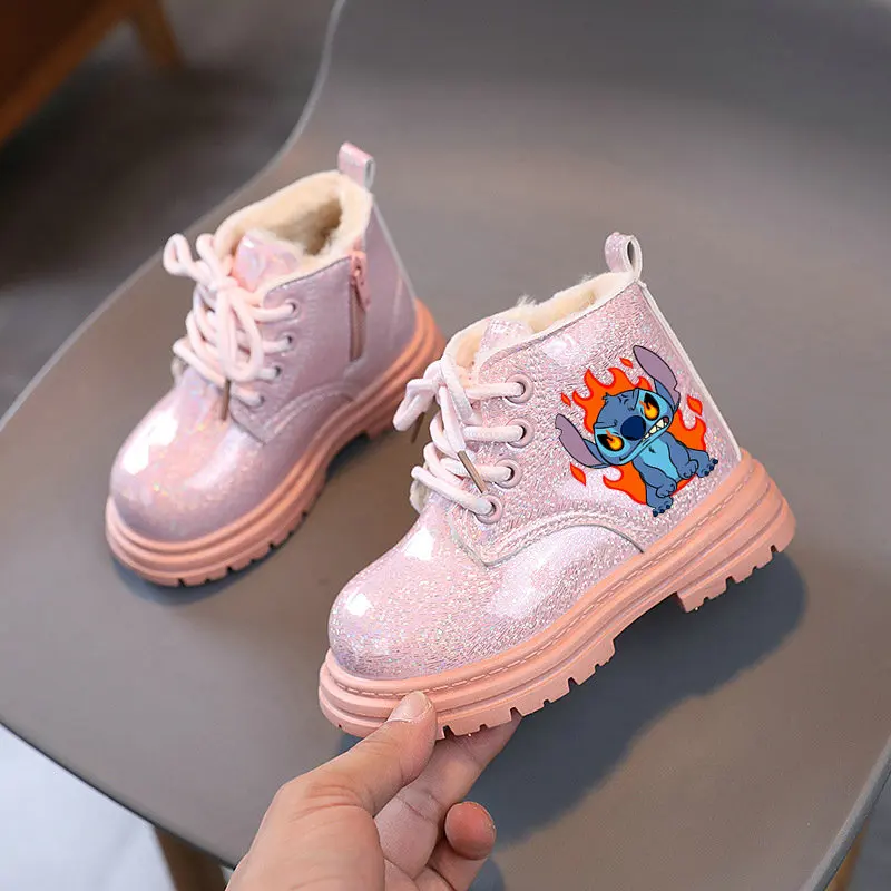 Boy Stitch Boots Winter Kids Plus Plush Snow Boots Girls Cartoon Print Warm Non-slip Flat Bottom Shoes Sneakers Size 21-30