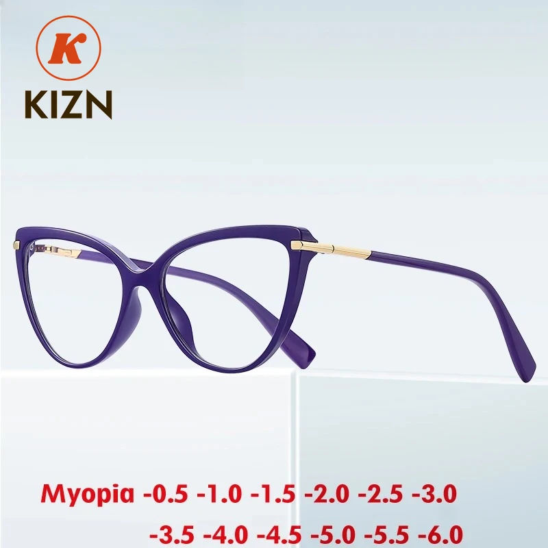 

KIZN Cat Eye Myopia Glasses Frame High Quality Fashion Women Anti Blue Light Custom Prescription Vintage Eyewear -0.50 TO -10