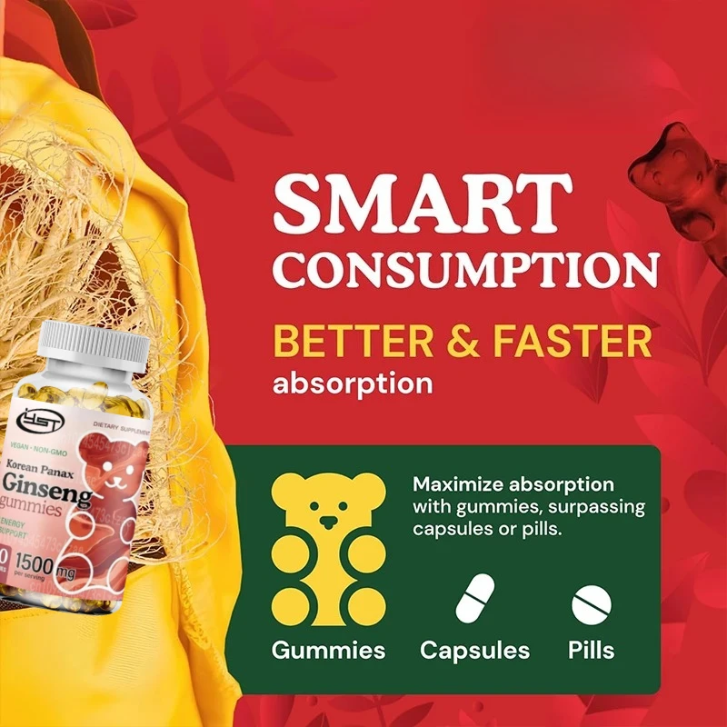 Korean Red Ginseng Soft Candy  Energy and Brain Supplements Soft Candy Vitamins Memory and Immune Support Vegetarian Supplements