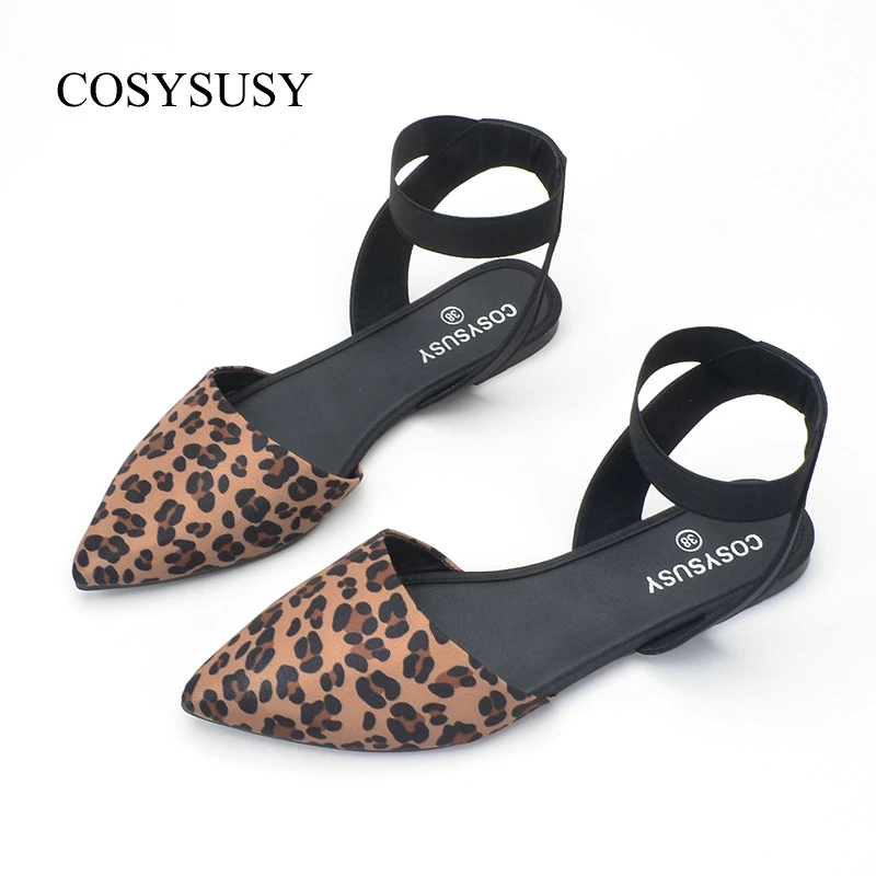 COSYSUSY Women's Shoes Sexy Leopard Print Slingbacks Stretch Ankle Strappy Sandals Pointed-toe Flats Women Designer Sandals