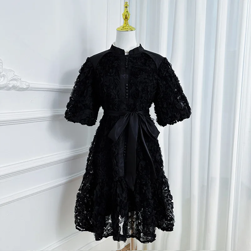 Luxe 3D Bloem Prom Formele Jurk Vrouwen Zomer Herfst Losse Big Size A-lijn Geplooide Single Breasted Midi Lange Feestjurken