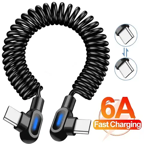 Cables de datos de carga rápida USB C a tipo C 6A Cable cargador de codo de 90 grados en espiral retráctil para Cable de coche Samsung Xiaomi