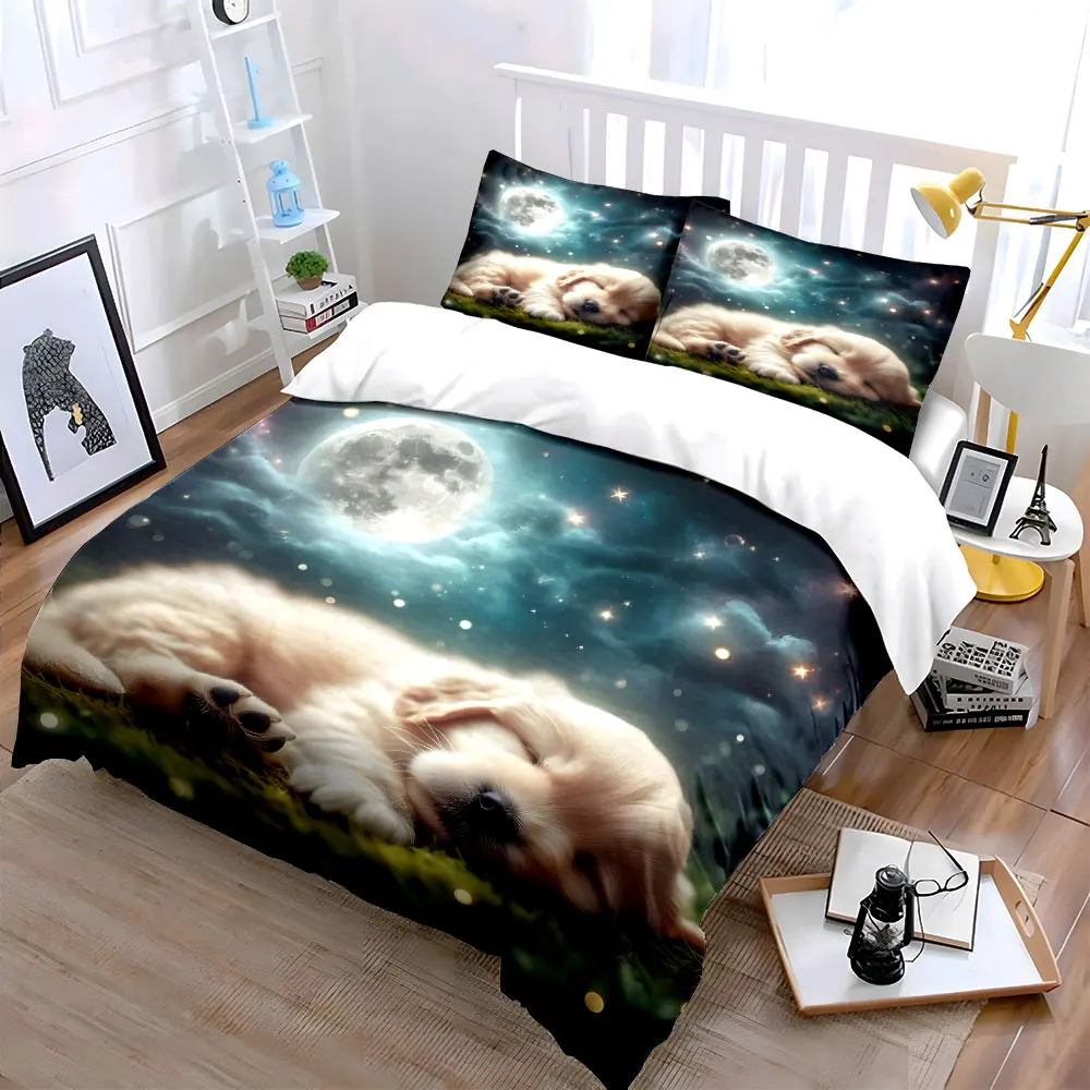 Puppy Sleeping Under Dreamy Night Sky Print Bedding Set 1 Duvet Cover 2 Pillowcases for Adult and Children Luxury Gift
