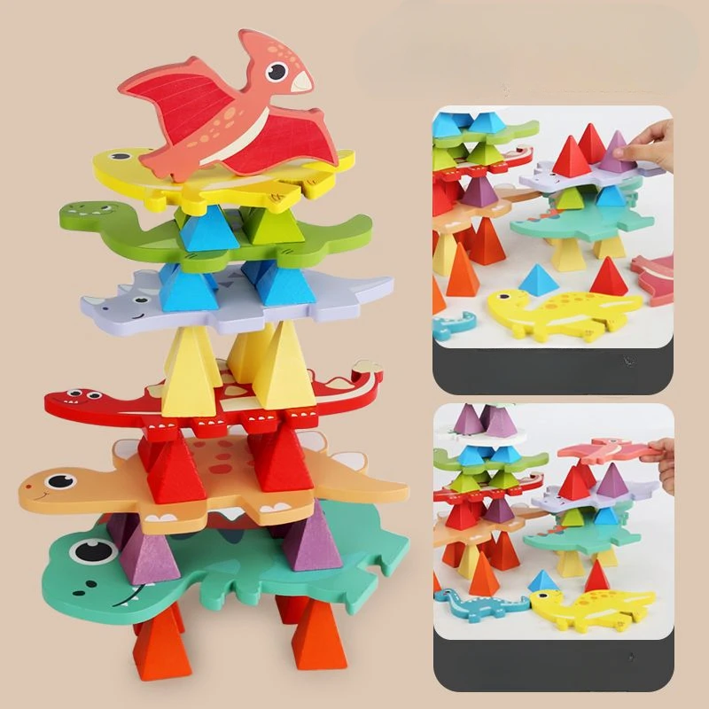 Montessori brinquedos de madeira diy dinossauro retalhos brinquedo crianças quebra-cabeça empilhamento alta blocos de construção conjunto jogos criativos construtor