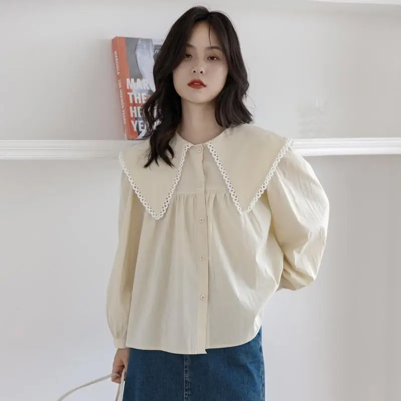 Early Autumn French Retro Doll Collar Long Sleeved Shirt Feminine Texture Lapel Top with Bubble Sleeves A Beige Shirt Autumn