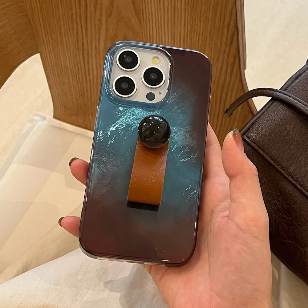 

Caramel Color Round Bead Ring Buckle Holder Shockproof Protective Phone Cover Case for iPhone 12 13 14 15 16 Pro Max