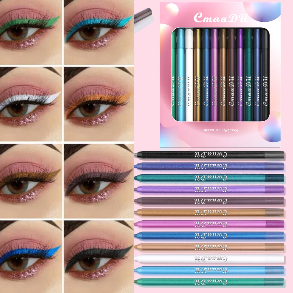 مجموعة أقلام كحل جل غير لامع ، مقاومة للماء ، دخان ، أزرق ، أسود ، ملون ، دودة حريرية مستقيمة ، ظلال عيون ، مكياج صبغة ناعمة ، 12 لونًا