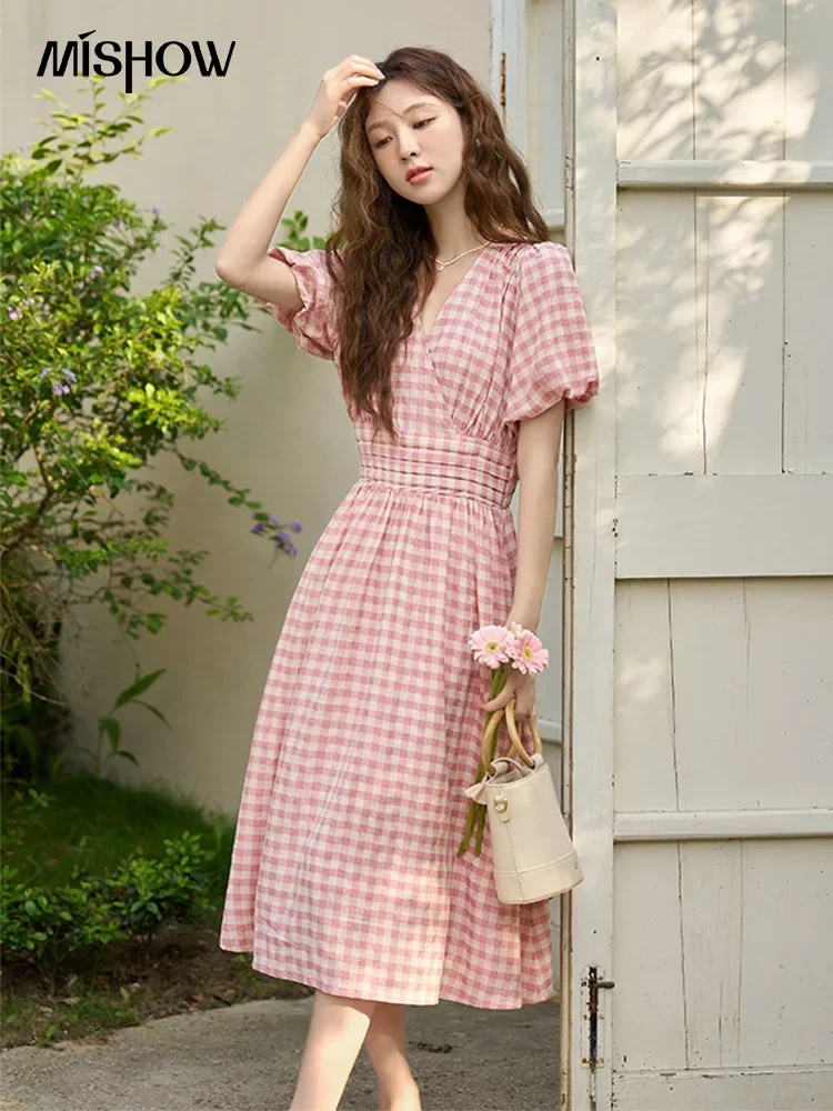 MISHOW Pink Plaid Dress for Women 2023 Summer A-LINE Puff Sleeve V-Neck Retro Pullover Elastic Waist Slim Midi Dress MXC35L1461