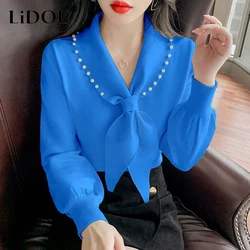 Autumn Winter Elegant Solid Chic Beading Lady Sweaters Scarf Collar Fashion Casual Knitting Pullover Female Clothes Top Women