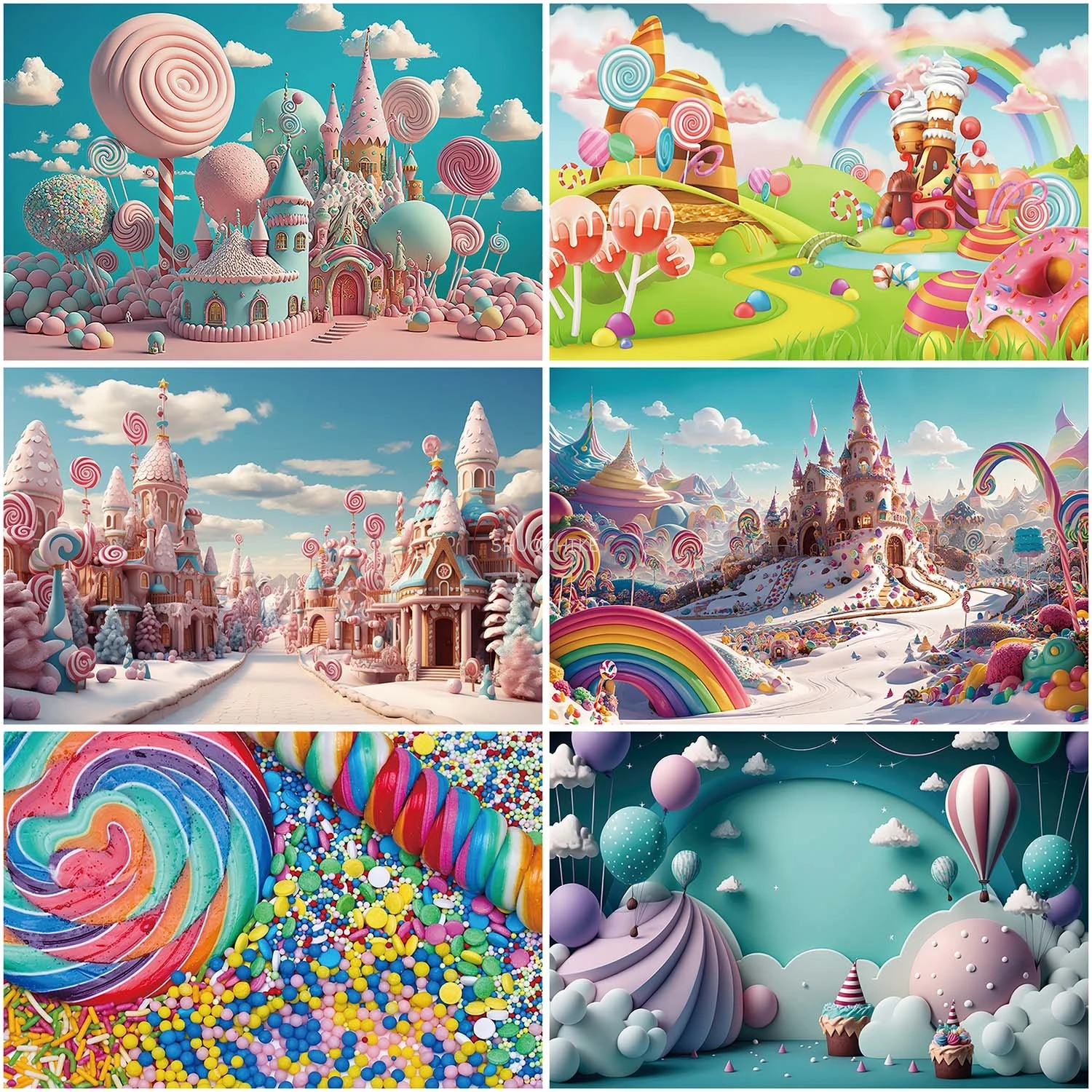 

Candyland Candy Bar Birthday Photocall Backdrop Cake Lollipop Donut Castle Mountain Background Baby Party Shooting Prop