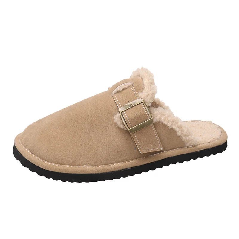 Winter Warm Mules Slippers Women Plush Thick Comfortable Indoor Outdoor Solid Cotton Shoes Fashion Belt Buckle Casual Slipper 42