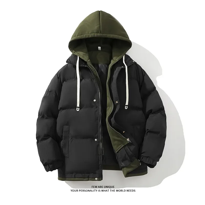 Jaqueta com capuz de cor sólida masculina, Parkas de duas peças falsas, casaco quente, algodão, casal, inverno, novo