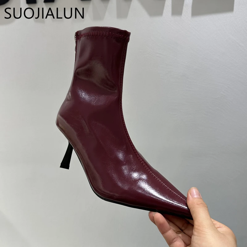 SUOJIALUN 2024 Winter New Brand Women Ankle Boots Fashion Pointed Toe Ladies Elegant Short Boots Thin High Heel Dress Chelsea P