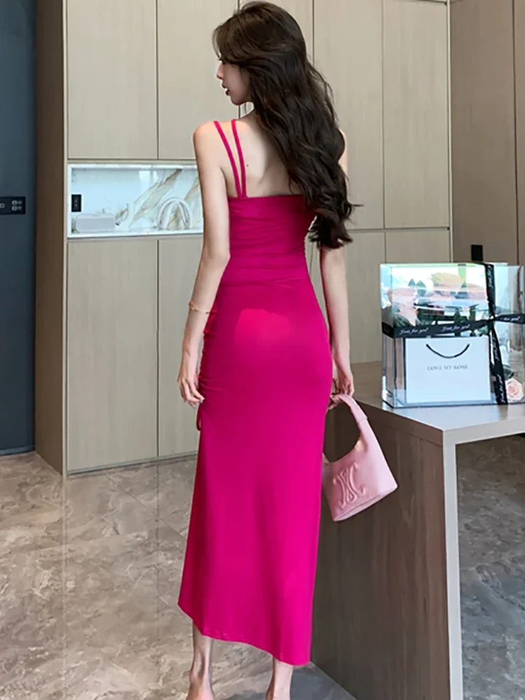 Women Fashion Chic Sling Sexy Dress Summer Korean Luxury Eveing Dress 2025 New Rose Red Elegant Bodycon Bandage Slit Long Dress