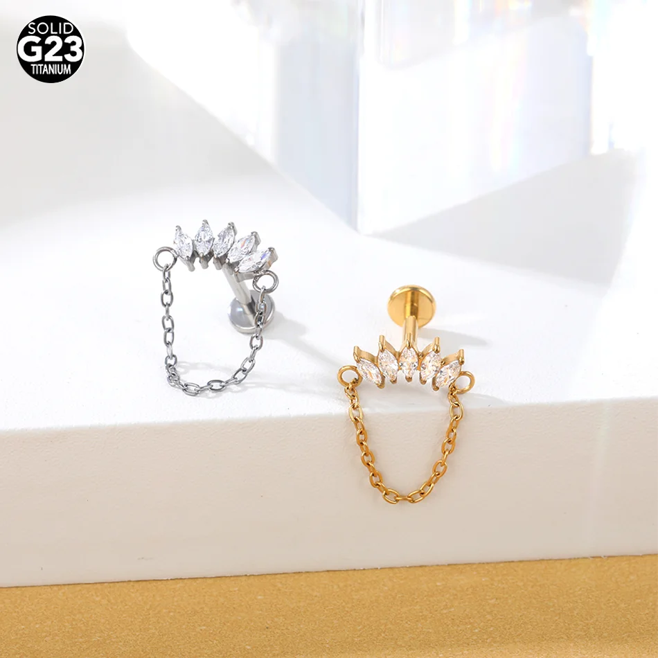 1pc Titanium Chain Zircon Cartilage Stud Earrings Women Internally Threaded Helix Lobe Tragus Piercing Body Jewelry  ﻿