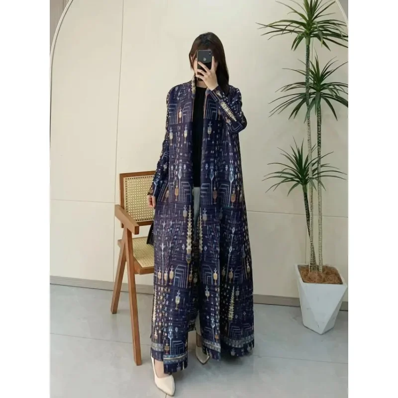 Miyake Pleated Vintage Printed Turndown Collar Long Sleeve Dress Women 2024 Summer New Designer Abaya Fashion Loose Long Coats