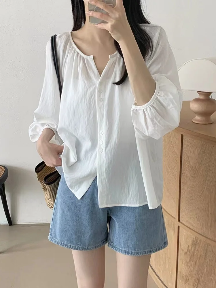 

White Long Sve Women's irt Korean Design Sensation Gentle See-tough Single Button Lantern Sve Sun Protection irt