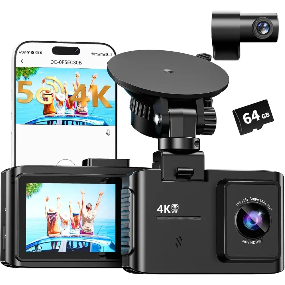 

Dash Cam Front and Rear: 4K Dual Channel Dash Cam - 5GHz WiFi, Dash Camera for Cars with 64GB Card, 2.0" IPS Screen, App Control