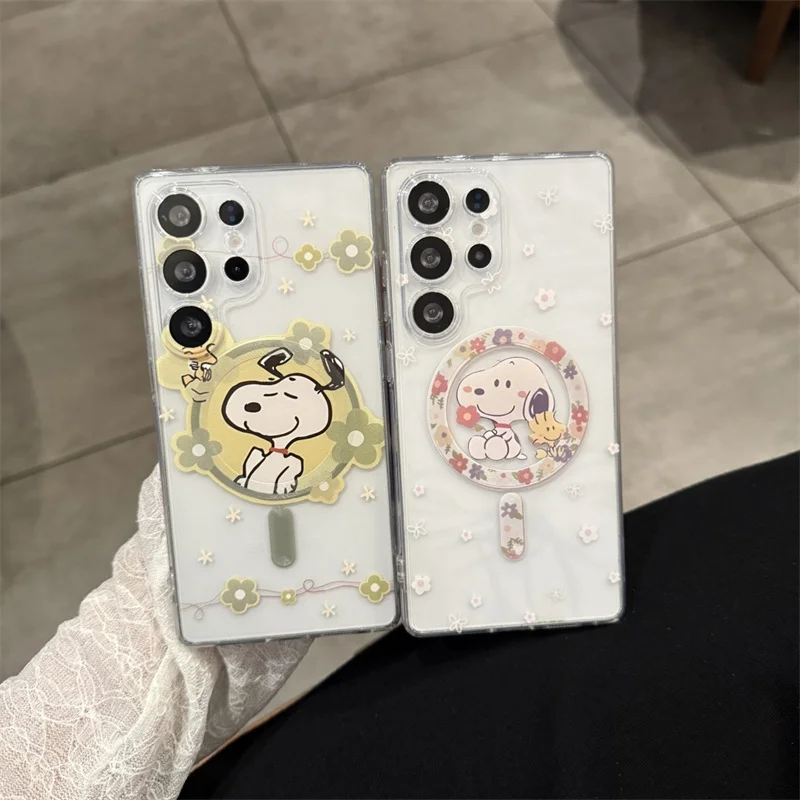 Funny flower Snoopy Magnetic Magsafe Wireless Charge Phone Case For Samsung S22 S23 S24 S25 S26 Ultra Plus Fe Note10 20 Cover﻿