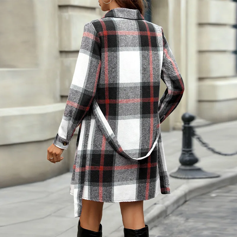 أنيقة التنقل نمط منقوشة فستان بكم طويل الخريف الشتاء قميص مربوط سترة ألف خط ميدي فستان Vestido النساء الطرف #2