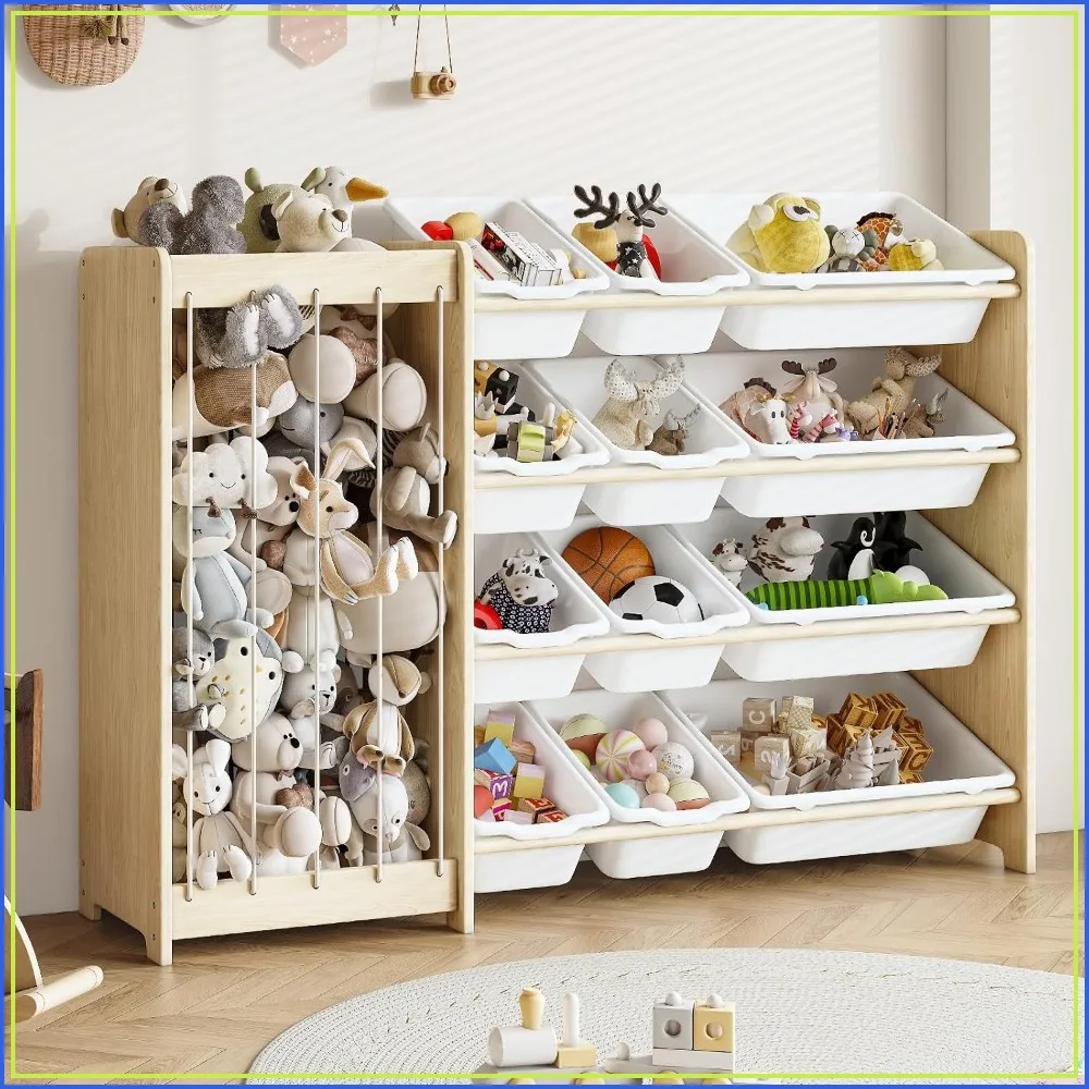 

2-in-1 Kids Toy Storage Organizer, 12 Bins, Solid Wood Toy Rack with Elastic Ropes, White