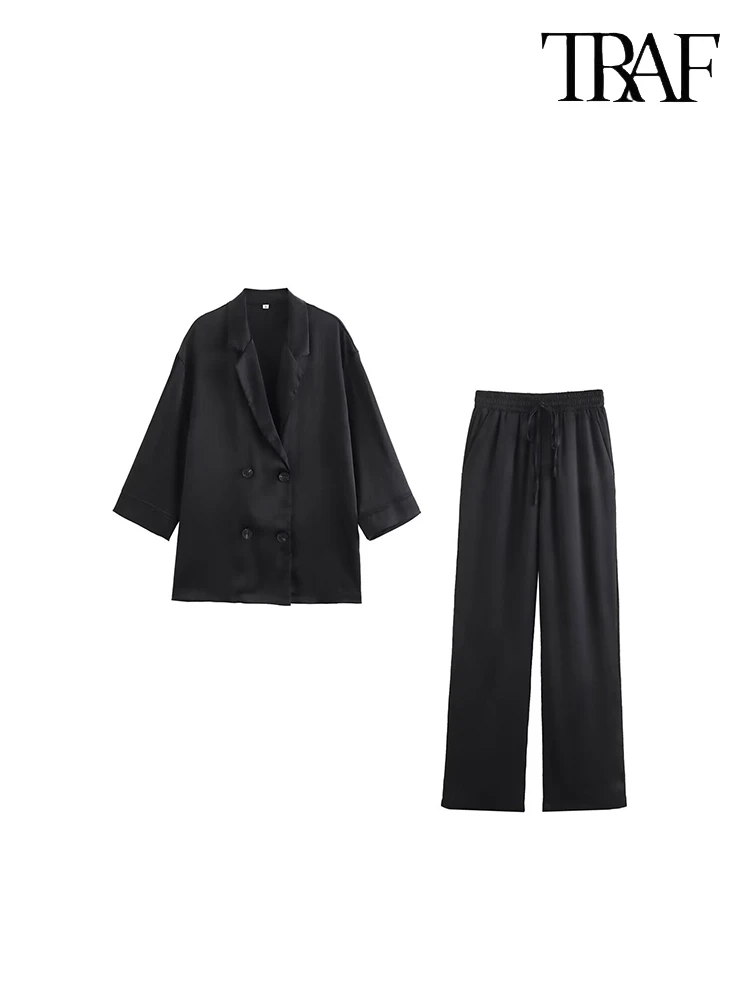 TRAF Women Temperament Commuter Style Casual Suit Double Breasted Lapel Long Sleeve Jacket High Waist Pleated Wide Leg Pants Suit Two Piece Urban