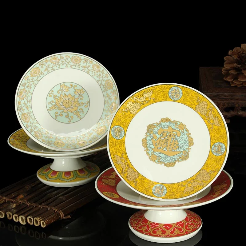 Traditional Chinese Ceramic Buddha Hall Enshrine Fruit Plate Round Food Plates Lucky Home Decor Accessories Supplies Ornaments