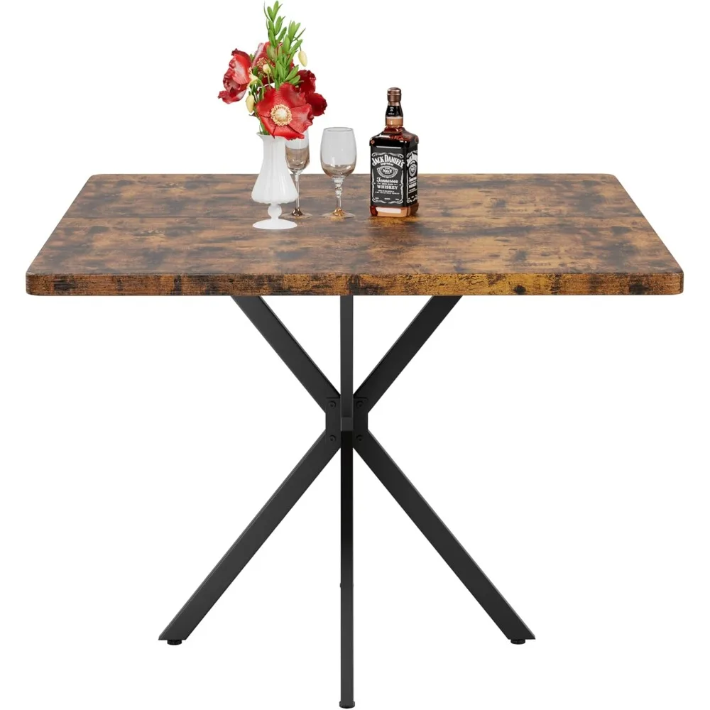 Mid-Century Modern 38.6 Brown Square Dining Table, Seats 4-6, MDF and Iron Construction, Compact Design for Kitchen and Dining A