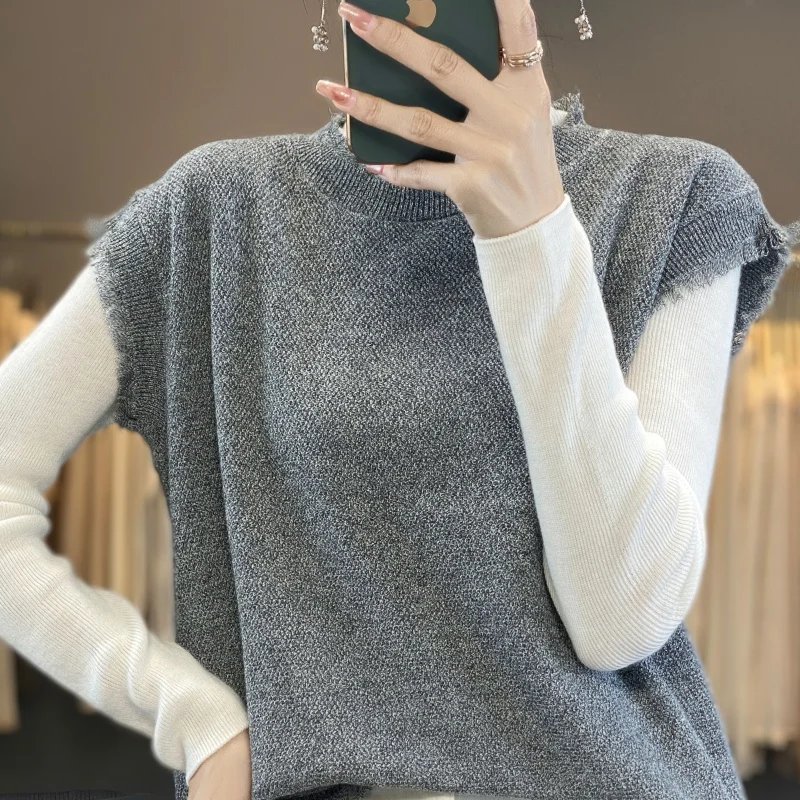 Lente Zomer Nieuwe Sle Gebreide Wollen Vest Svel Ronde Ne Gelaagdheid Vintage Faion Vrouwen Jaet Pure Kleur Pendelen Sle