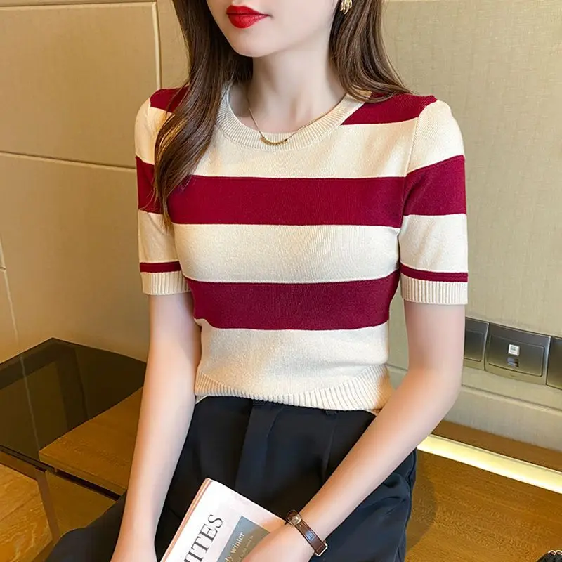 Striped Ice Silk Knitted T-shirt Women Summer Slim Short Sleeve Casual Top Tee